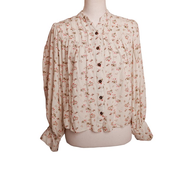 Jen's Pirate Booty‎ floral feminine Peasant soft Blouse cream pink XS OVERSIZED - Picture 1 of 9